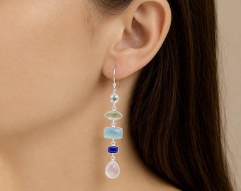 Multi Color Gemstone Silver Dangle Earring: Solid 925 Sterling Jewelry