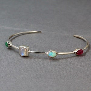 Multi Gemstone Cuff Bracelet,Adjustable Bangle Bracelet,Handmade Bracelet,Solid 925 Sterling Silver Jewelry,Birthday Gift,Anniversary Gift