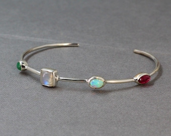 Multi Gemstone Cuff Bracelet,Adjustable Bangle Bracelet,Handmade Bracelet,Solid 925 Sterling Silver Jewelry,Birthday Gift,Anniversary Gift