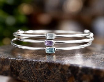 Blue Topaz Gemstone 6.5 cm Diameter Bangle Bracelet,Handmade 925 Sterling Silver Jewelry