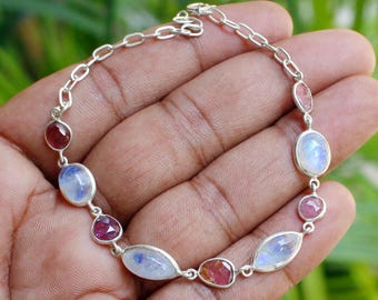 Moonstone & Tourmaline Gemstone Bracelet, Solid 925 Sterling Silver Jewelry