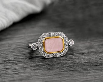 Rose Quartz CZ Halo Gemstone Ring: Solid 925 Sterling Silver Jewelry