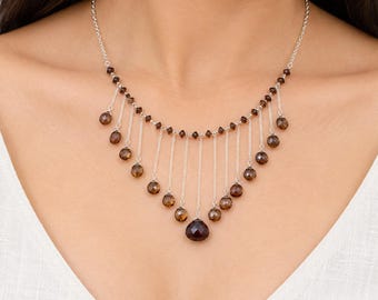 Smoky Quartz Gemstone Handmade 22 inch Necklace,Solid 925 Sterling Silver Jewelry