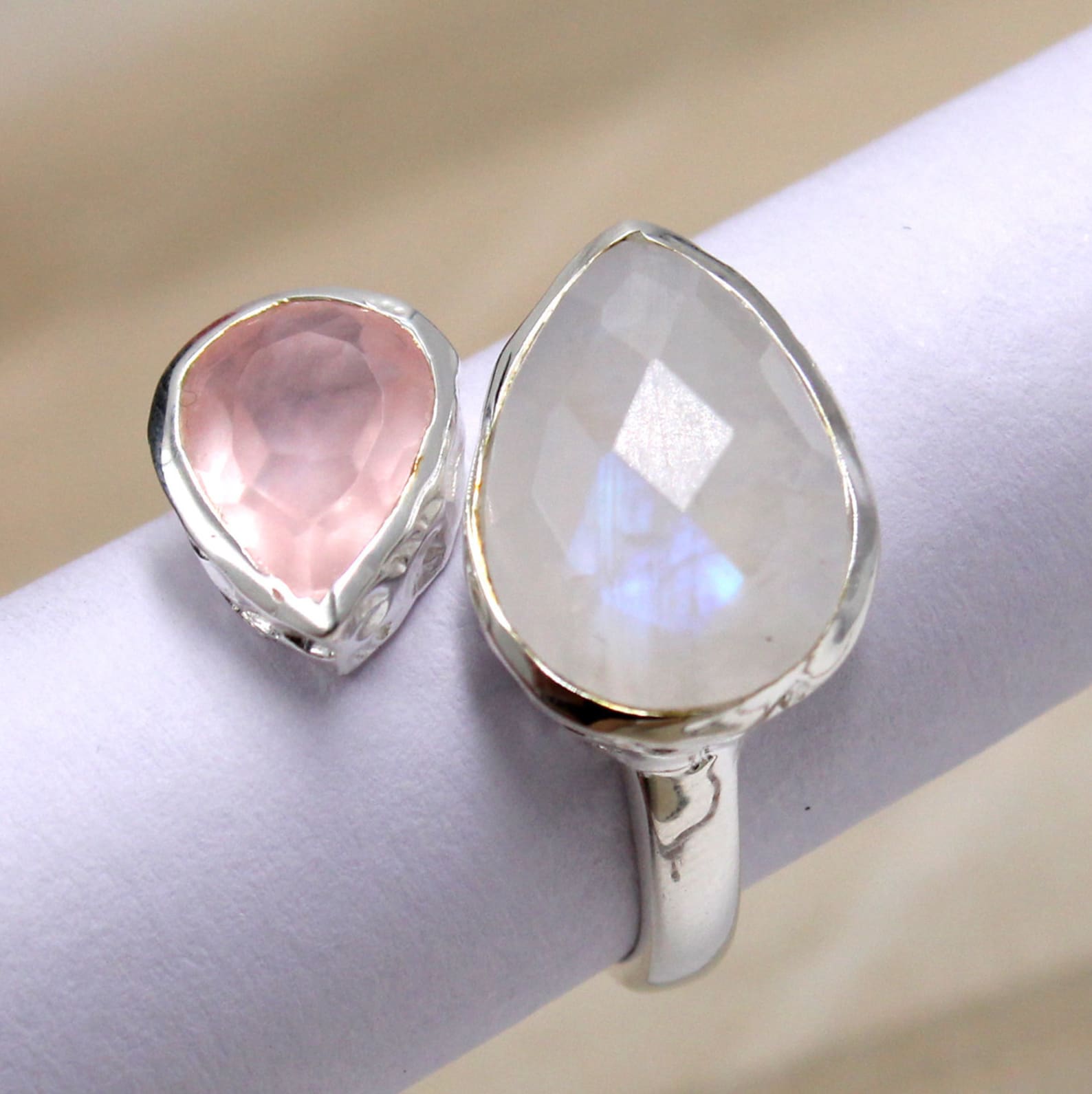 Soothing Moonstone & Rose Quartz Front Open Ring925 Silver Etsy