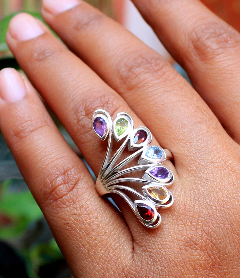 Sterling Silvergenuine Gemstones Ring of Seven Colorful Gems Etsy