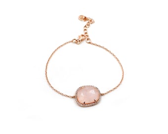 Rose Quartz Gemstone Silver Bracelet, Solid 925 Sterling Silver,