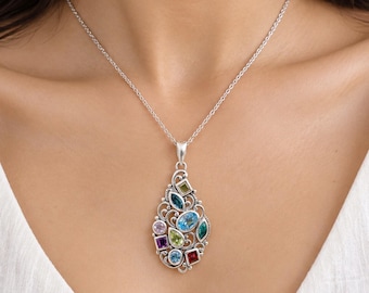 Natural Gemstones Pendant Chain Necklace, Solid 925 Sterling Jewelry