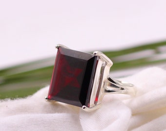 Genuine 18 mm Garnet Silver Ring,Solid 925 Sterling Silver Gemstone Jewelry,Unisex Ring,Men's Ring, Women's Statement Ring,Anniversary Gift