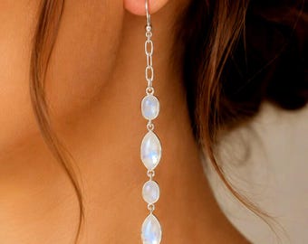 Moonstone Extra Long Earring,Solid 925 Sterling Silver,Natural Gemstone Earring