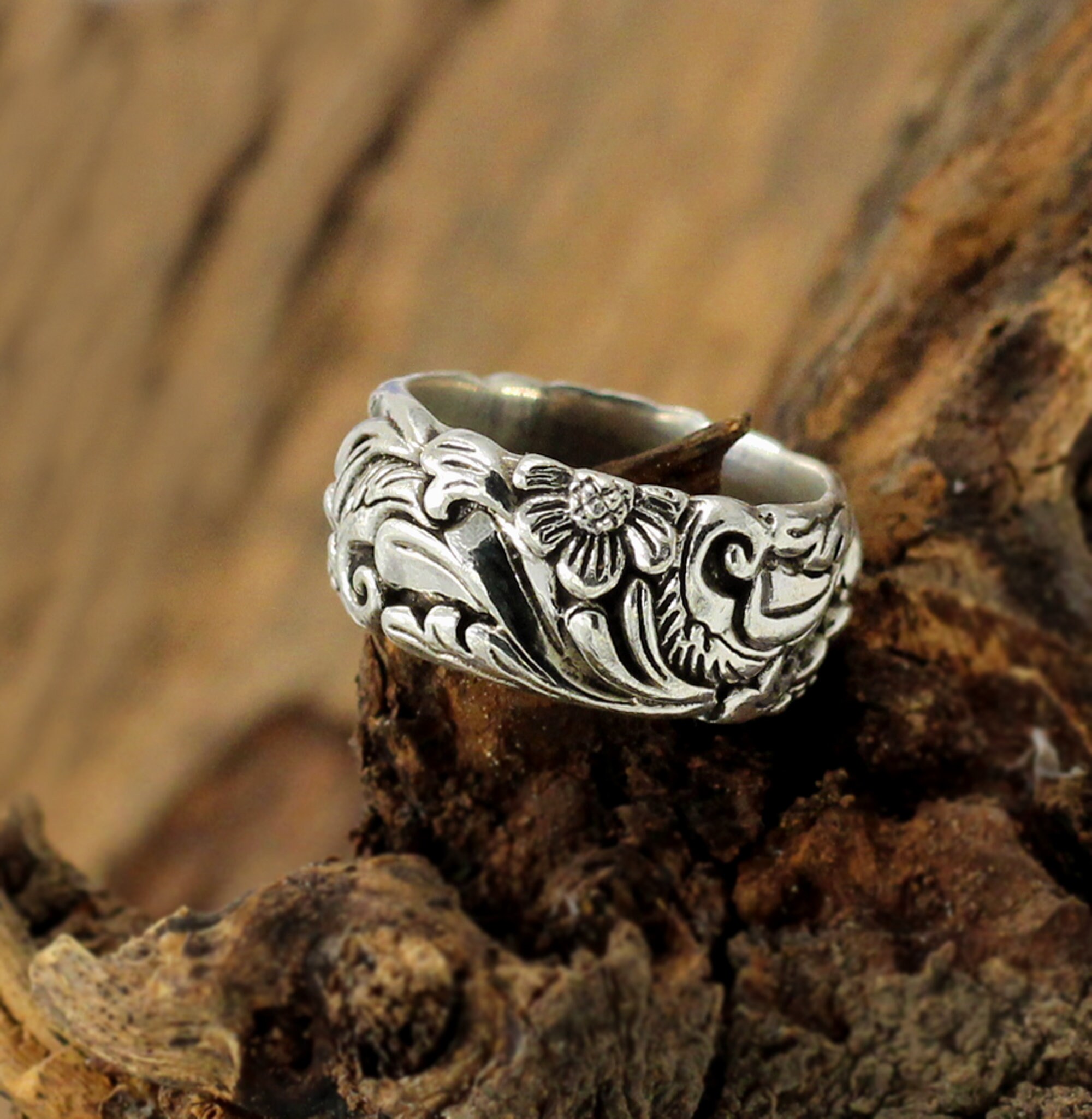Solid Heavy Silver Ring925 sterling silver floral Etsy