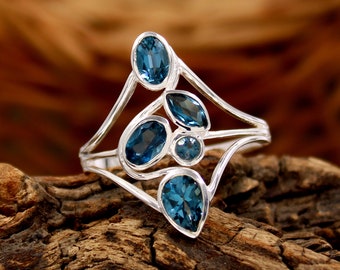 Anello Cristallo Solitario Pietra Blu Zaffiro Argento Solido 925/1000
