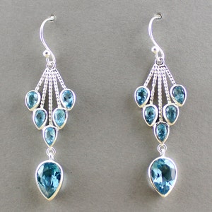 Sterling silver Swiss Blue Topaz Earring,Cocktail Silver Earring,Anniversary gift, Gemstone jewelry,Chandelier Earring,Wedding Jewelry