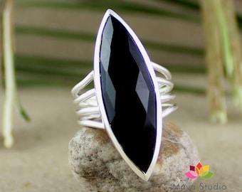 Solid Sterling Silver Black Onyx Silver Ring,Marquise Black Onyx,Checker Cut Big Onyx Ring,925 Jewelry,Casual Wear,Gift Gemstone Ring