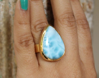 Chunky Gemstone Silver Ring,Natural Larimar Ring,Gold Plated Solid 925 Sterling Silver Jewelry,Genuine Gemstone,Gift Cocktail Party Ring