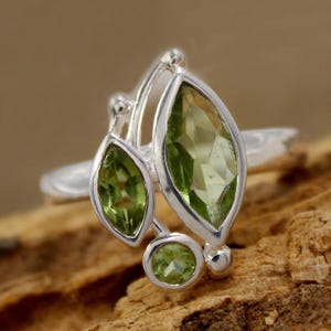 Peridot Sterling Silver Ring: Handmade Three Stone Cocktail Ring