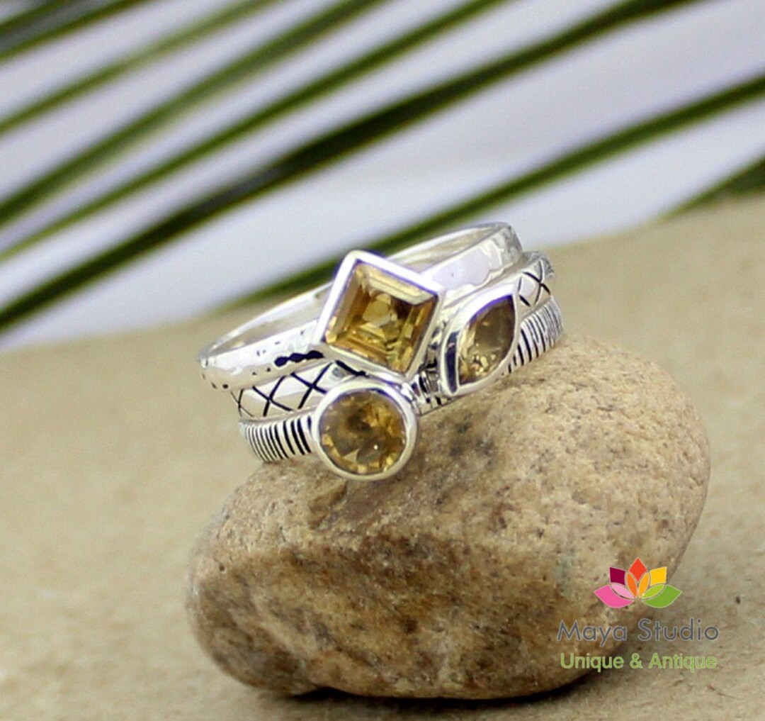 Oxidized Sterling Silver Citrine Stacking Rings - Set of Three - Etsy