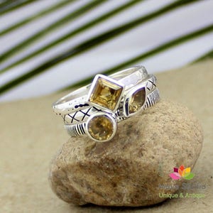 Sterling silverExquisite Stacking Rings Of natural Citrine,Anniversary gift,Birthday Present,925  Oxidized jewelry,Set of Three Rings For Me