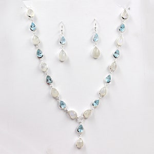 Silver Necklace Earring Set,Natural Moonstone & Blue Topaz,925 Sterling Silver,Party Wear Gemstone Jewelry,Anniversary Gift,Wedding gift