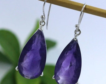 Long Teardrop Green Amethyst Sterling Silver Earrings: Handmade Dangle Jewelry