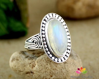 Handmade Oxidized Sterling Silver Rainbow Moonstone Ring: Boho Cocktail Jewelry