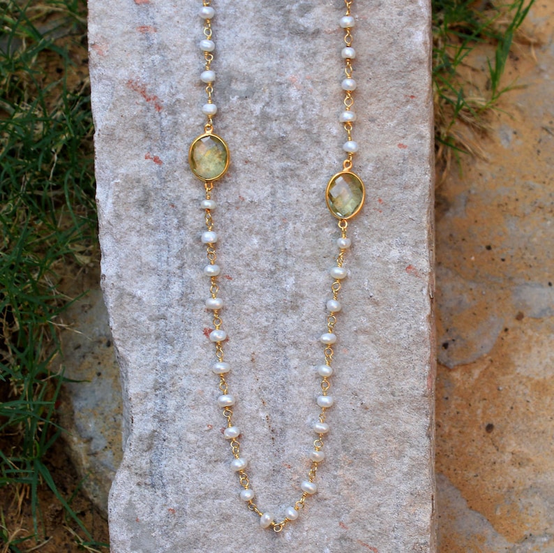 Exclusive,Handmade,Lemon Quartz /& Pearl Station Necklace,925 Sterling Silver gorgeous jewelry Mom/'s Birthday Gift,Anniversary Gift Necklace