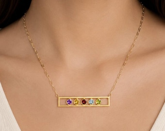 Genuine Multi Gemstone Silver Bar Necklace: Solid 925 Sterling Silver Jewelry