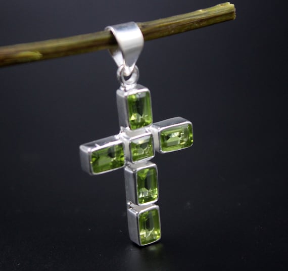 925 Sterling Silver Cross Pendant,Genuine Gemstones : Peridot,Amethyst,Citrine Moonstone