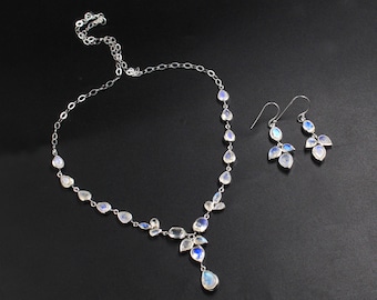 Collier cadeau d'anniversaire, cadeau de mariage, ensemble de boucles d'oreilles collier améthyste violette/pierre de lune, bijoux en argent massif 925 avec pierres précieuses, cadeau fait main en argent