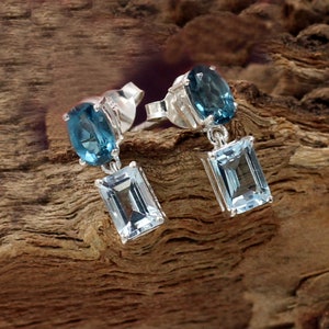 Blue Topaz Silver Earrings,London Blue Topaz & Sky Blue Topaz,Post Dangler,925 Sterling Silver Jewelry,Birthday Gift for Daughter,Party wear