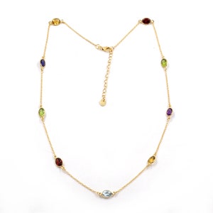 Station Necklace,Multi Colorful  Splash of Genuine Gemstones,Gold Plated Silver Necklace,Handmade,925 Sterling Silver Jewelry,Christmas Gift