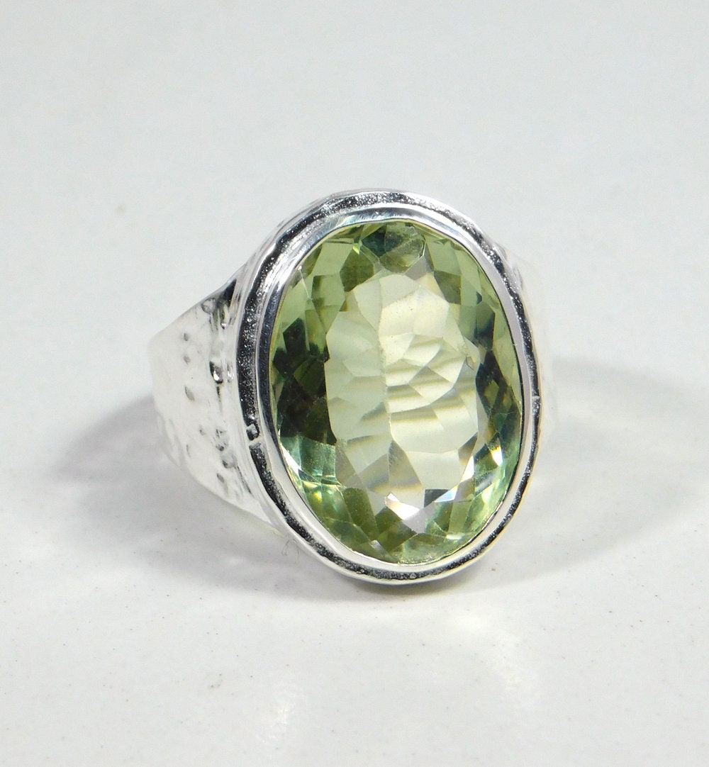 Exclusive Green Amethyst Ring, 925 Sterling Silver Jewelry,Valentine Gift,Men/Women Ring,Hand hammered Ring,Faceted Natural Gemstone