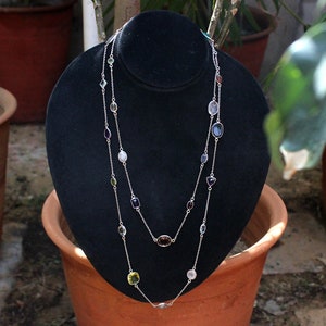 Long Sterling Silver Opera Necklace: Gemstone Station, Rhodium Plated, 42&quot;