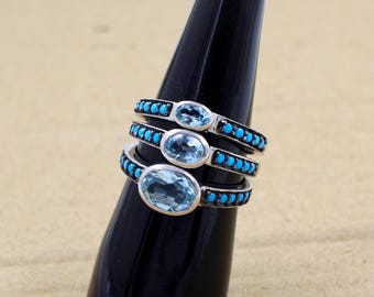 Sky Blue Topaz Stacking Ring Set: Solid 925 Sterling Silver Jewelry