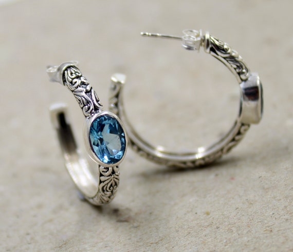 Swiss Blue Topaz Hoop Earrings: Vintage Sterling Silver Gemstone Jewelry