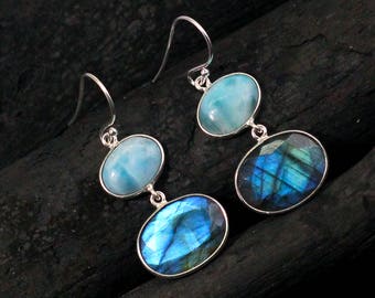 Larimar & Labradorite Earrings: Sterling Silver Dangle Earrings