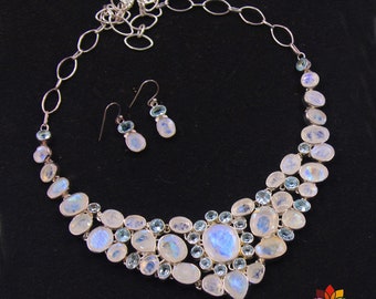 Gorgeous Solid Sterling 925 Silver Jewelry,Moonstone Necklace,Statement Party Wear Necklace Earring Set,Wedding Jewelry,Anniversary Gift