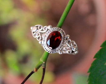 Red Garnet Ring, Ornate Sterling Silver, Anniversary Gift