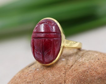 Sterling silverRuby Scarab Ring,Gold Plated 925  jewelry,Unisex Ring,Christmas Gift for Aunt/Grandmother,Birthday Gift Ring