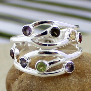 Silver Ring,Genuine Multi Gemstones Ring,Iolite,Garnet,Amethyst,Citrine ,Twig Ring,Anniversary gift,925 Sterling Silver Jewelry,Promise Ring