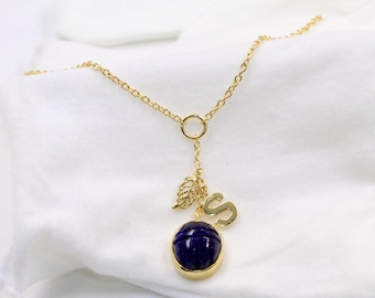 Gold Plated 925 Necklace,Sapphire Scarab Carving Charm,Leaf Charm & Alphabet Charm,Handmade Necklace,Valentine Gift,Birthday Gift Necklace