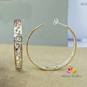 Sterling silver 925 Jewelry,Lovely filigree Silver Hoops,Two Tone,Party Earring,Anniversary Gift,Big Light Weight Hoops,Gift for Sister