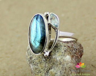 Sterling silverFaceted labradorite Blue Topaz ring,Birthday Present,925  Jewelry,Easter shopping,Baby Shower Gift,Healing gemstone,MR1071