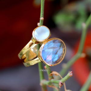 Gold Plated Sterling Silver Cocktail Ring: Labradorite & Chalcedony Gemstone