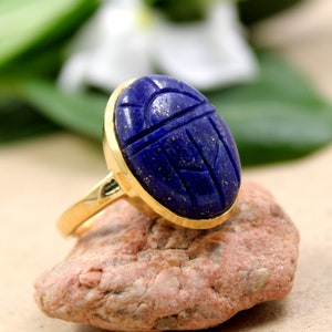 Sterling silverLapis Lazuli Scarab Ring,Gold Plated 925  jewelry,Unisex Ring,Christmas Gift for Aunt/Grandmother,Birthday Gift Ring