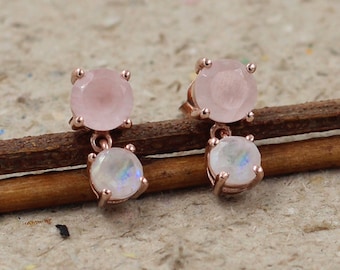 Rose Quartz Moonstone Stud Earrings: Sterling Silver Dangle, Handmade