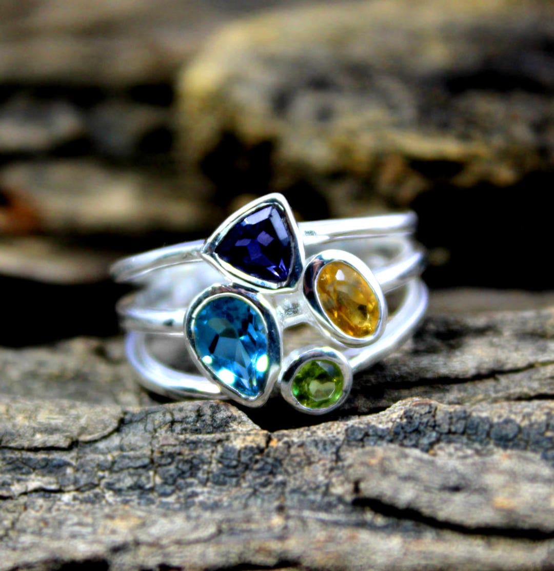 Sterling Silver Multi Gemstone Ring: Citrine, Iolite, Peridot, Topaz