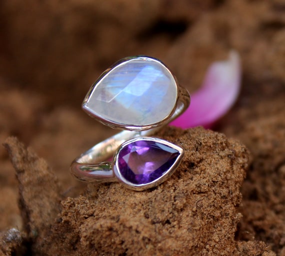 Handmade Moonstone Amethyst Ring: 925 Sterling Silver Jewelry