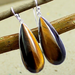 Tiger Eye long tear drop Earring,Brown Chunky Danglers,925 Sterling Silver Gemstone Jewelry,Birthday Gift,Big Gemstone Silver Dangler for Me