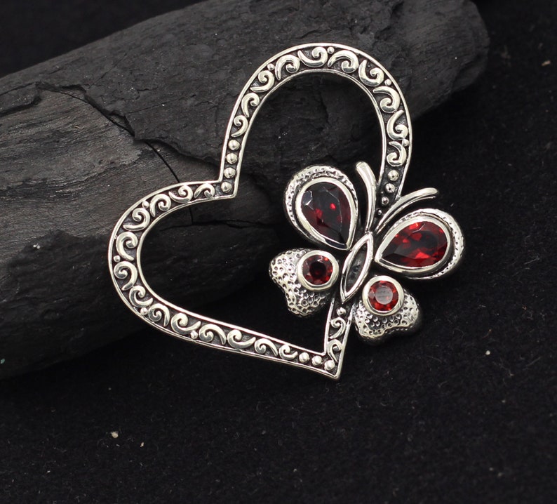 Garnet Gemstone Heart Shape Oxidized Pendant,Solid 925 Sterling Silver Jewelry,Valentine Gift Pendant For Girlfriend