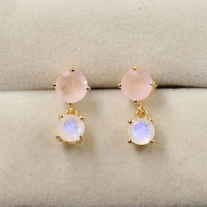 Rose Quartz & Moonstone Stud Earring,Feminine natural gemstones,Solid 925 Sterling Silver Jewelry,Handmade,Post Dangle Earring,Elegant Studs